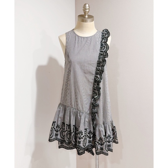 BP. Women's Black White Striped Embroidered Floral Ruffle Mini Dress Size XS - Picture 1 of 7